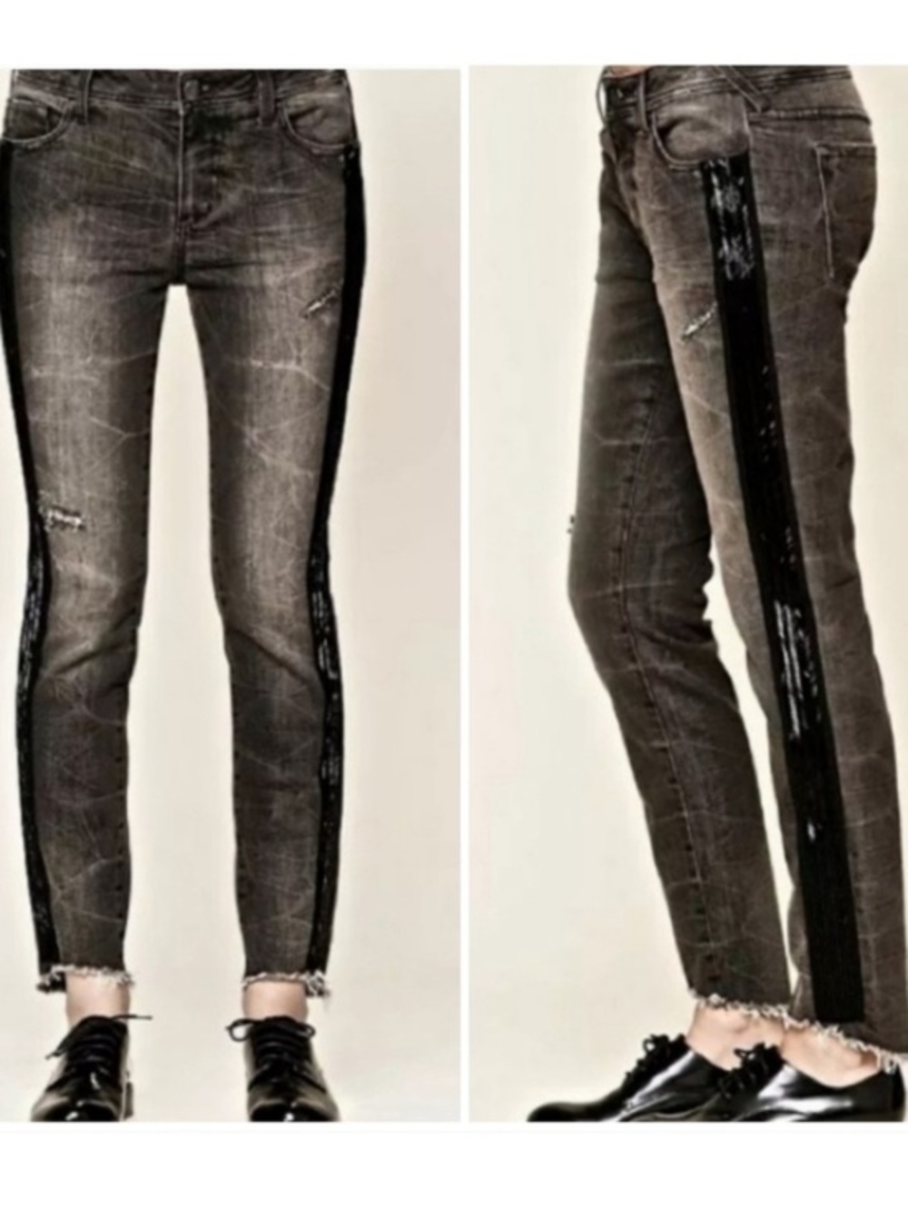 FREE PEOPLE Summer Solstice Tuxedo Distressed Washed Black Beaded Jeans 29 - Picture 1 of 15